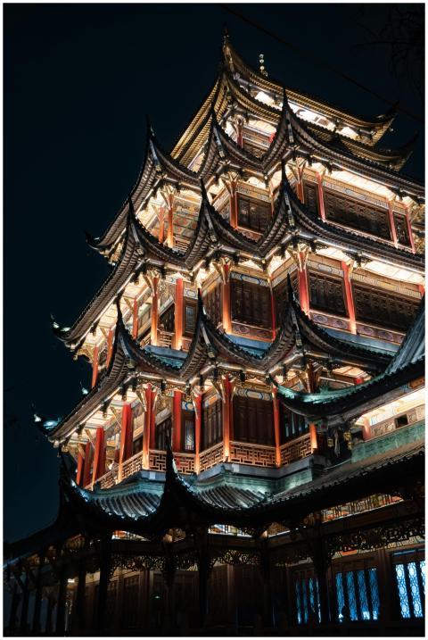 Night view of a beautifully lit traditional archit