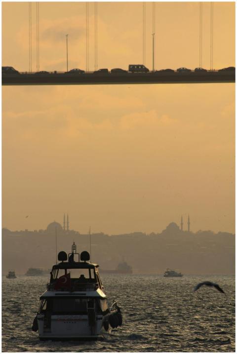 A striking view of the Bosphorus at sunset with bo