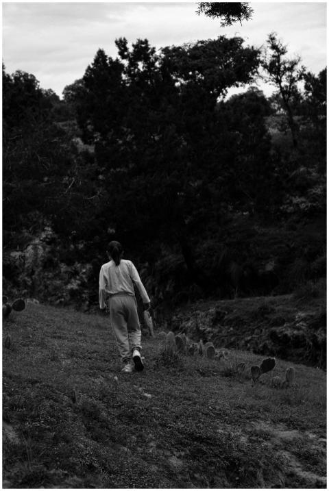 Back view of a woman walking along a forest path i
