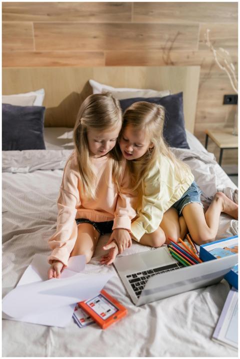 Two young girls in a cozy room focused on a laptop