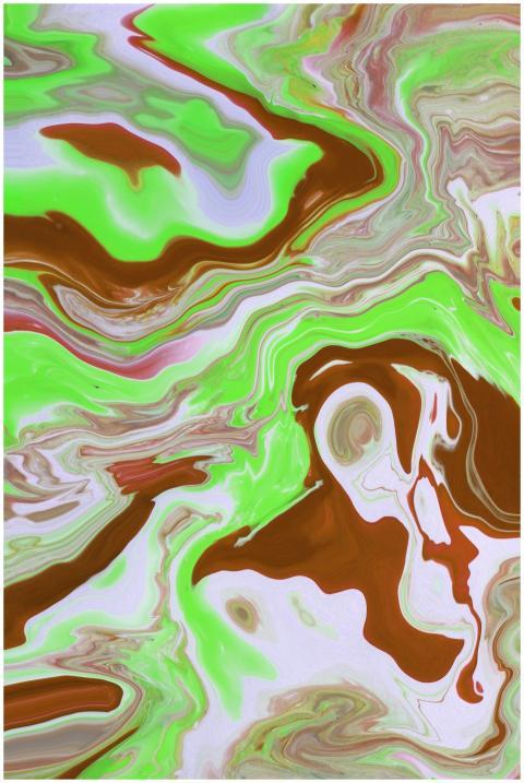Dynamic abstract art featuring green and brown swi