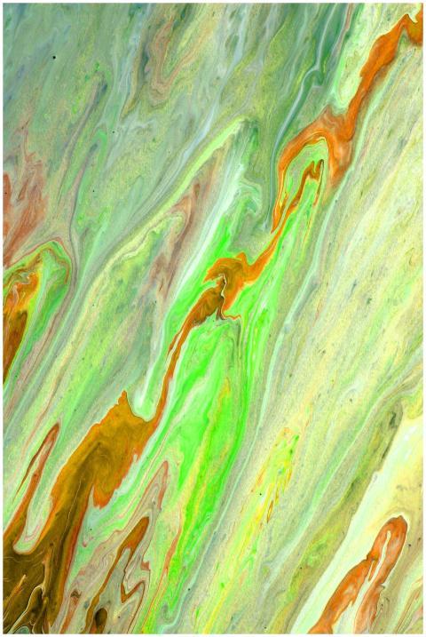 Vibrant abstract painting featuring swirling green