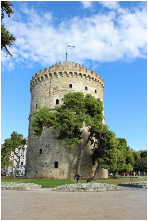 The iconic White Tower of Thessaloniki against a c