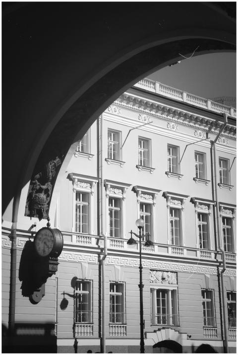Black and white photo of a classic building facade