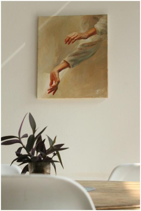 Sunlit dining room featuring artwork, minimal desi