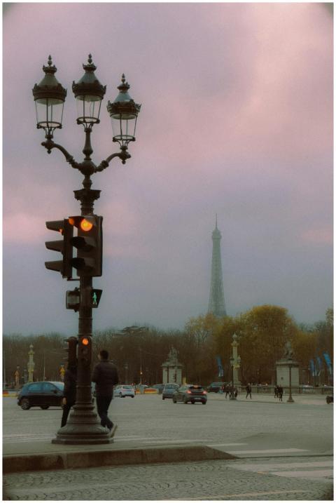 Romantic Paris street scene featuring the Eiffel T