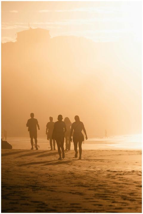 Silhouetted figures walking along a sandy beach du