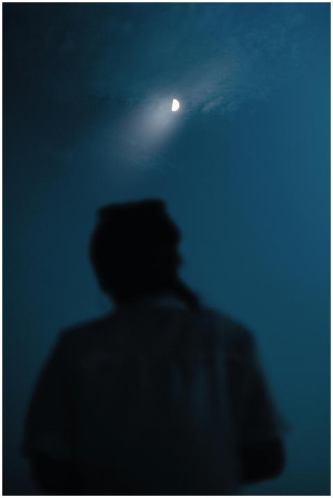A silhouette of a person outdoors at night, gazing