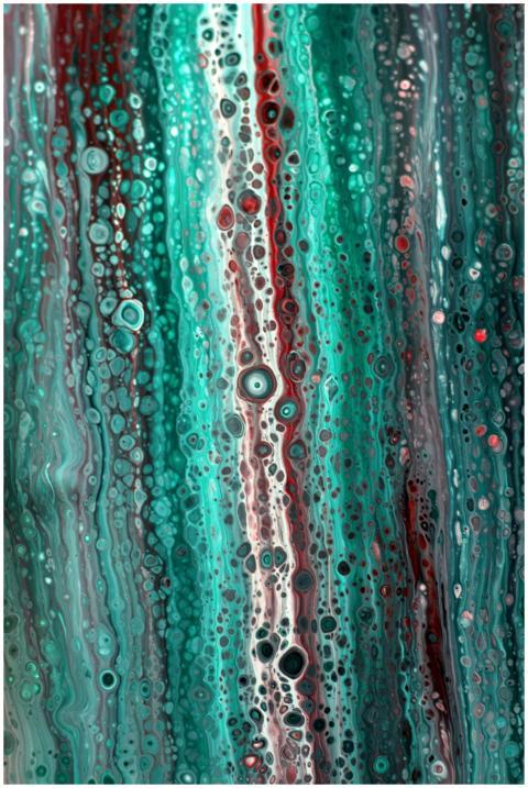 Vibrant abstract artwork with aqua and red paint t