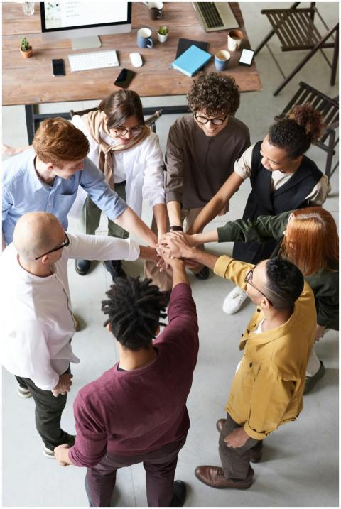 A diverse group of professionals joins hands in a