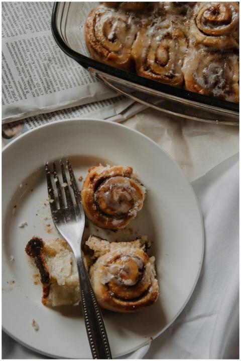 Delicious homemade cinnamon rolls served with a fo