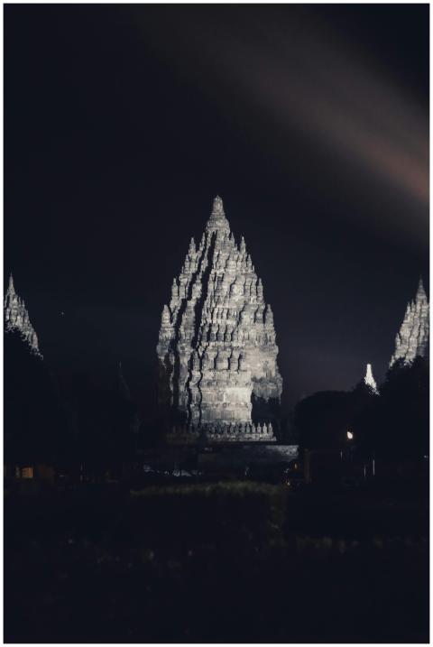 Dramatic night view of Prambanan Temple, highlight