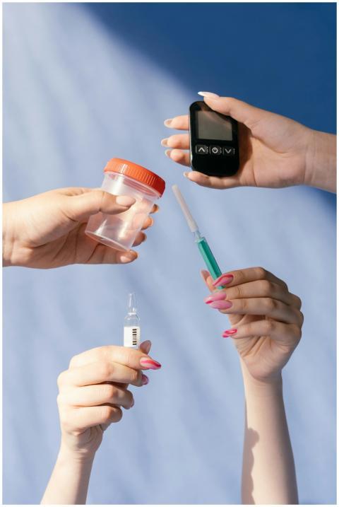 Collection of hands holding medical tools for diab