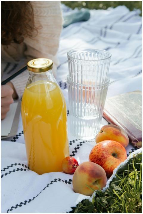 Sunny outdoor picnic with fresh juice and fruits o