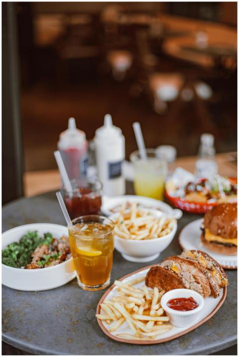 Appetizing fast food spread with burgers, fries, a