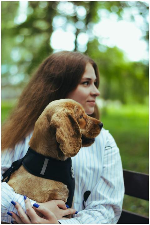 A young woman holding her dog with love in a seren