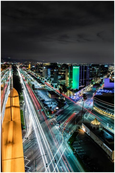 Dramatic nighttime cityscape of Beverly Hills show