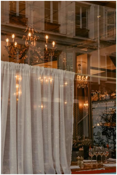 Chic Parisian restaurant window reflecting elegant