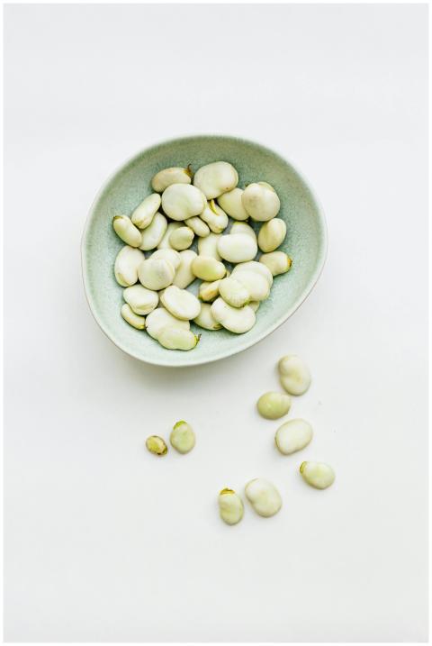 Top view of fresh lima beans in a bowl with a mini