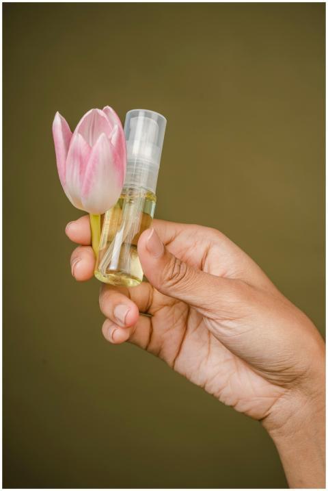 Crop anonymous female showing tulip and perfume in