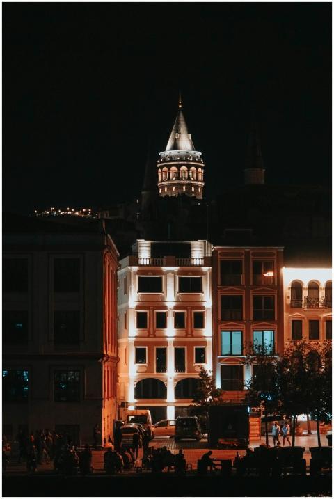 A night view of the illuminated Galata Tower, a fa