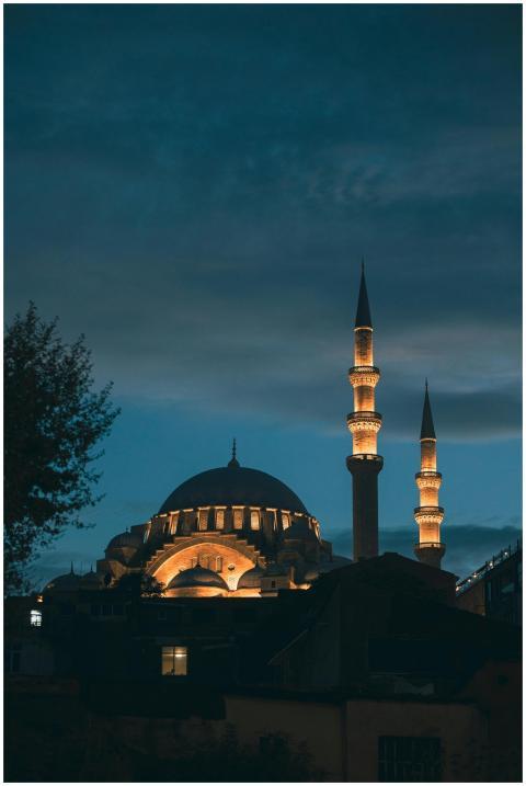 Stunning view of a mosque with lit minarets agains