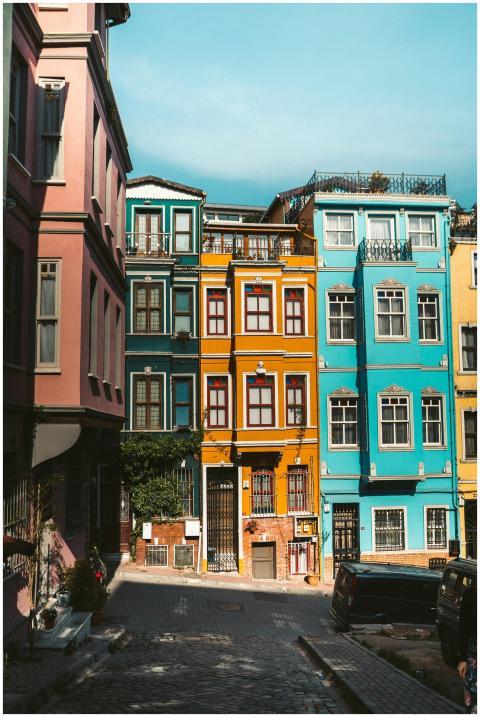 Colorful historic buildings in Balat, Istanbul, sh