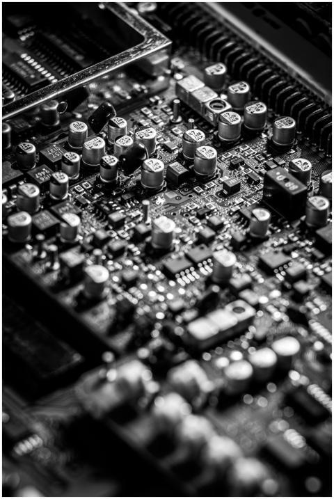 Detailed black and white close-up of an electronic