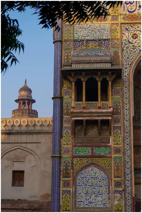 Colorful tilework on Wazir Khan Mosque's exterior