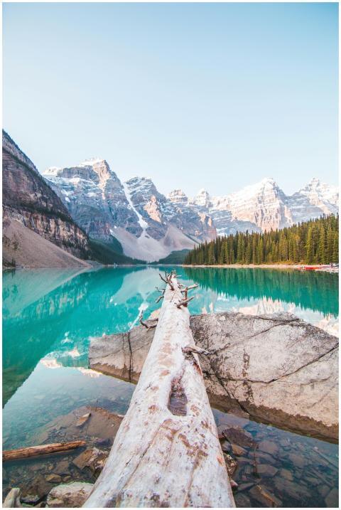Stunning view of Moraine Lake with snowy peaks and