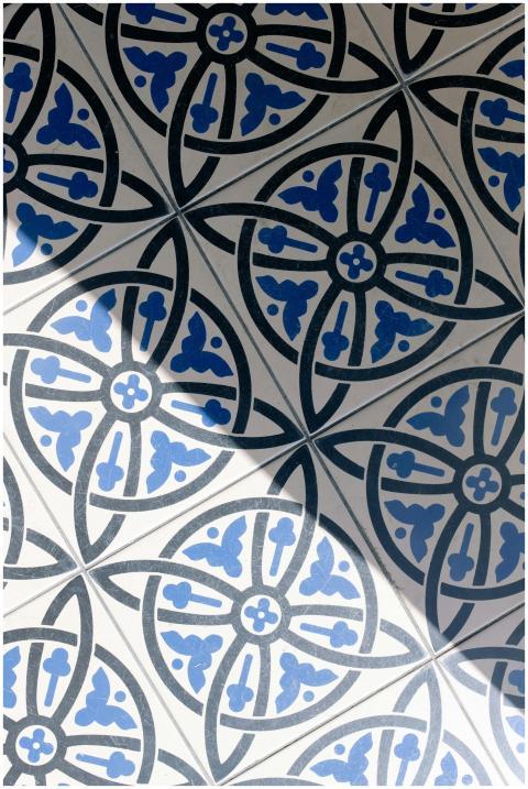 Artistic blue and white mosaic tile design with sh