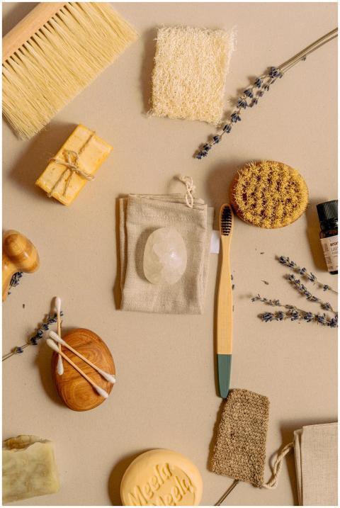 Top view of sustainable bathroom products with eco