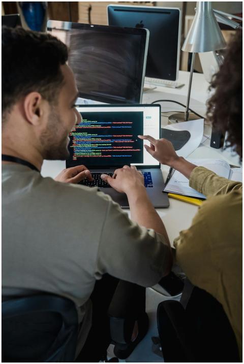 Two programmers working together on a laptop, disc