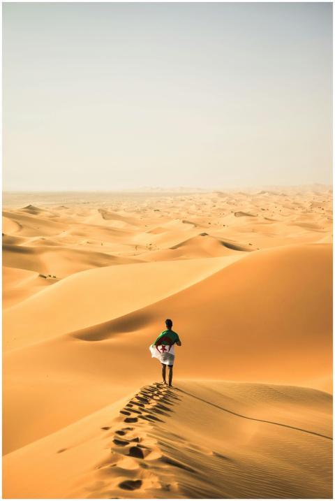 A solitary traveler walks across the vast sand dun