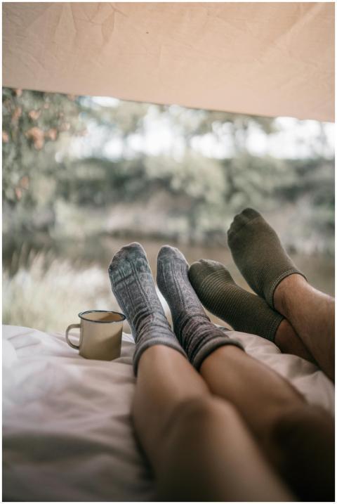 Enjoy a tranquil day camping with cozy socks and a