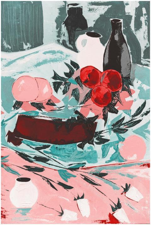 Vibrant abstract painting featuring fruit and vase