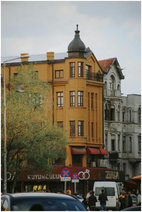Historic architecture in a bustling street of Ista