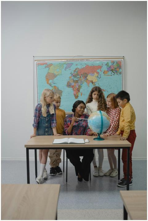 A teacher and students learning geography with a g