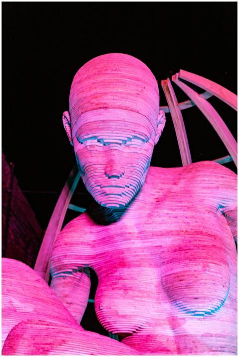 A striking wooden sculpture illuminated with vibra