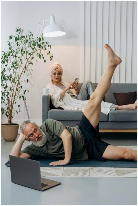 Elderly couple balancing fitness and relaxation at