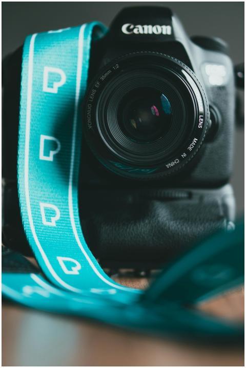 Detailed close-up of a DSLR camera with a distinct