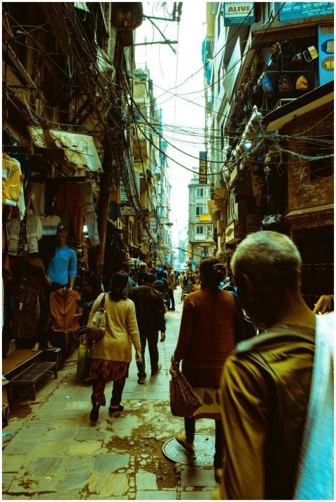 A vibrant street market in Kathmandu, Nepal, bustl