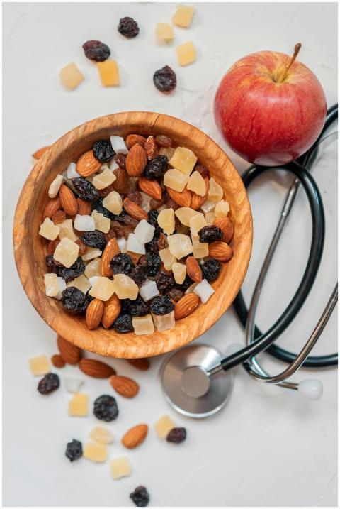 Top view of a healthy mix of nuts and dried fruits