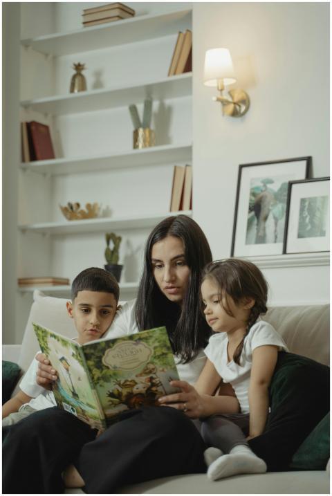 A mom reads to her children in the living room, hi