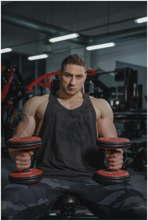 Fit man in activewear lifting dumbbells in a gym e