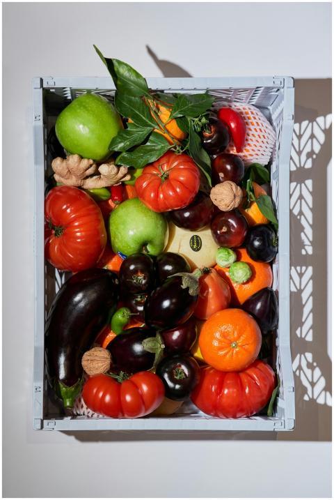 An overhead view of colorful fruits and vegetables