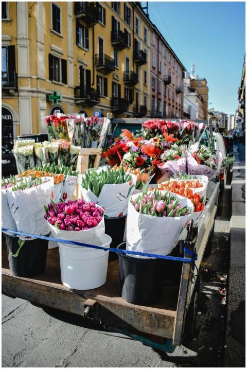 Bustling flower market with vibrant bouquets in Mi