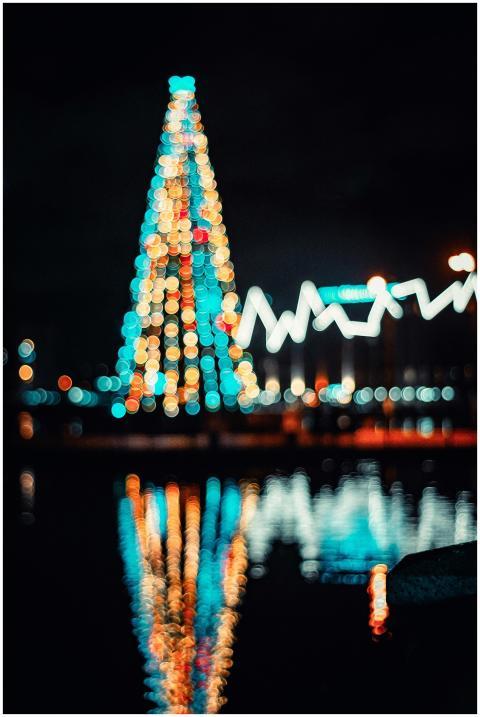 Blurred Christmas tree lights reflect in water at