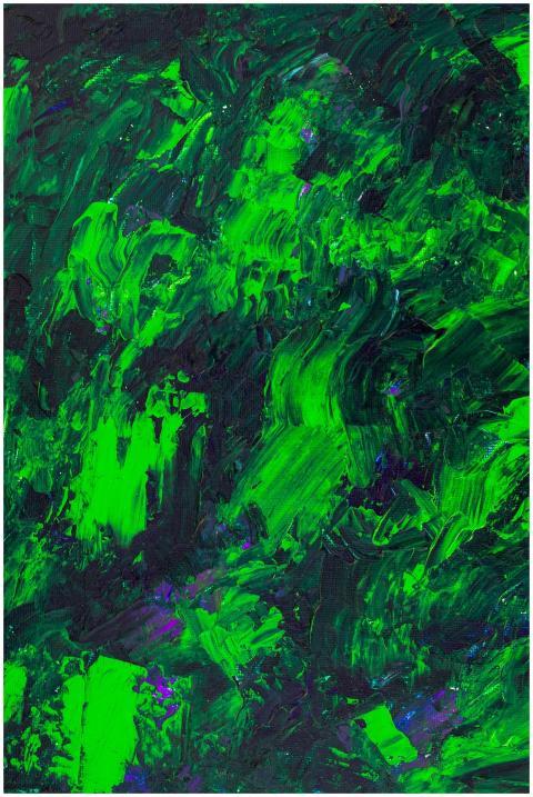 A dynamic abstract artwork featuring vibrant green