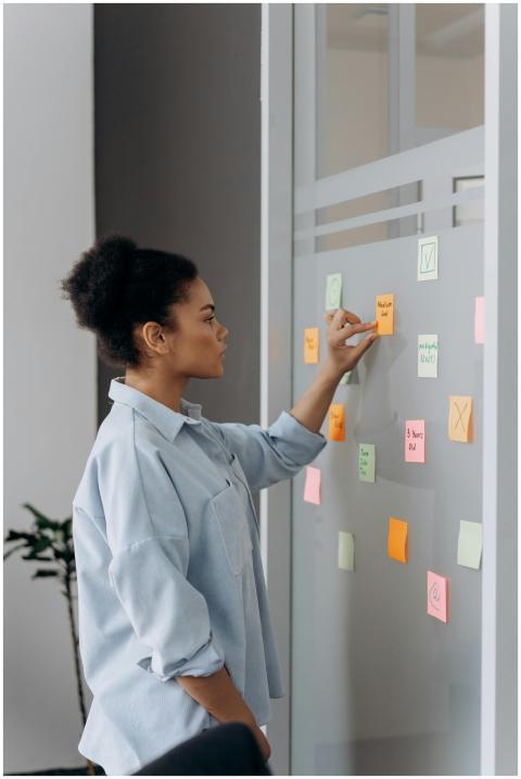 Young professional organizing tasks on a glass boa